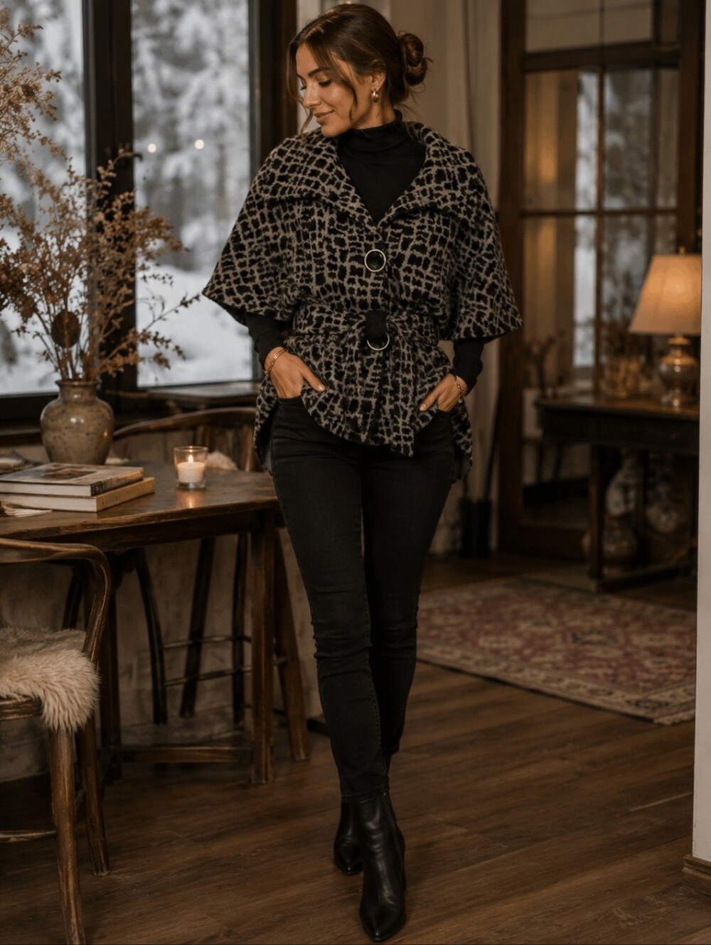 Luii Anthropologie SMALL Wool Blend Gray Black Leopard Coat Draped Sleeves